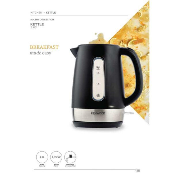 Kenwood Kettle 1.7L Cordless Electric Kettle 2200W with Auto Shut-Off & Removable Mesh Filter Internal Water Gauge ZJP01.AOBK