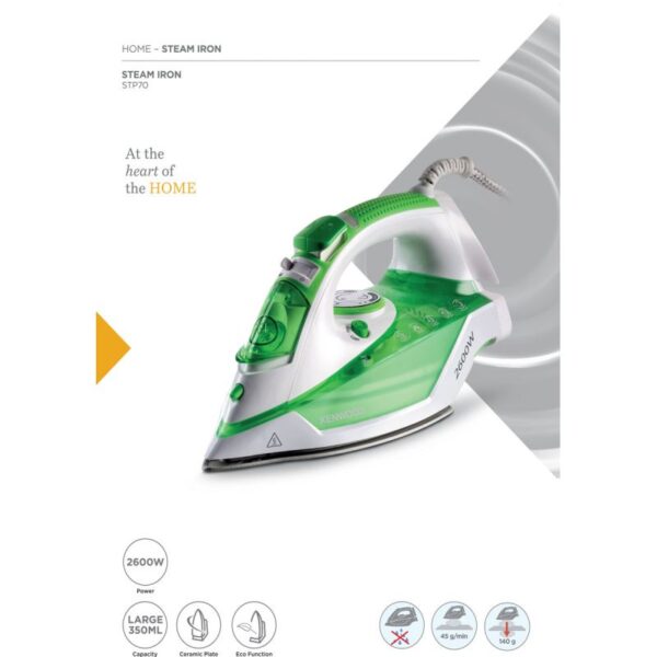 Kenwood Steam Iron 2600W with Ceramic Soleplate Anti-Drip Anti-Calc Self Clean Continuous Steam Burst Spray Function STP70.000WG