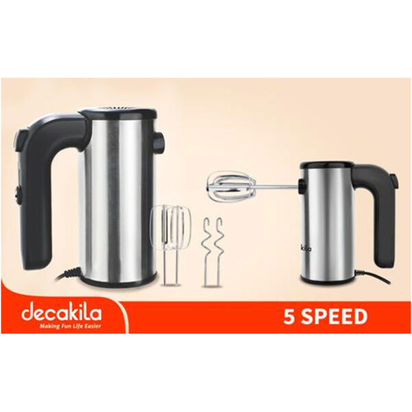 Decakila Hand Mixer 200W 5 Speed Silver With Individual Eject Button With 2pcs Beaters & Dough Hooks Beater KEMX009M