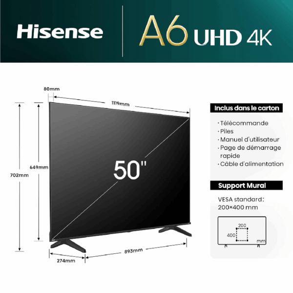 Hisense 50" LED UHD 4K Smart TV with Dolby Vision, DTS Virtual X, HDR, VIDAA 50A6N