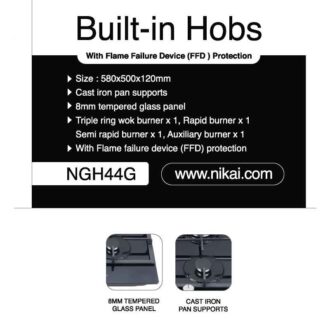 Nikai Gas Built In Hob Cast Iron Pan Support 4 Gas Burner with FFD Projector and Auto Ignition 58x50x12cm 8MM Tempered Glass NGH44G