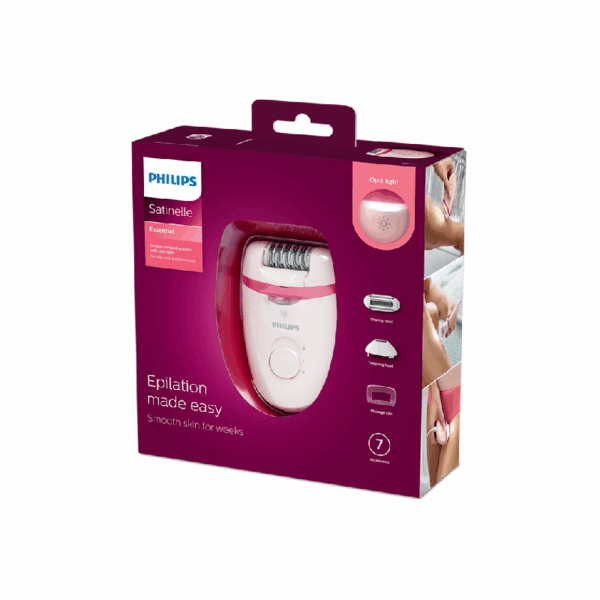 Philips Satinelle Essential Corded Compact Epilator with 7 Accessories, Exfoliation Glove & Carry Pouch, Opti-Light for Legs, Arms & Underarms BRE285