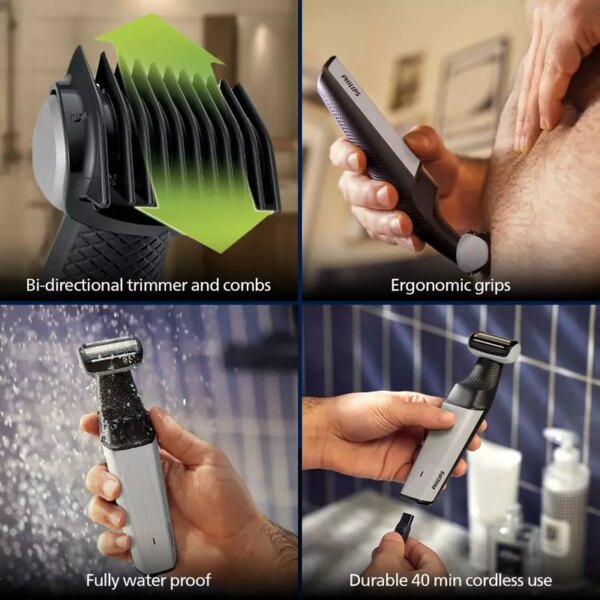 Philips Cordless Bodygroom & Intimate Areas Trimmer, Clinically Tested for Sensitive Skin, 40 min Runtime, Bi-directional Trimmer and 3mm Comb Series 3000 BG3007
