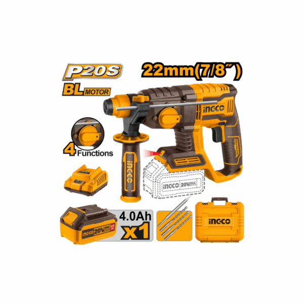 Ingco Cordless Rotary Hammer Lithium-ion 20V with Brushless Motor, Integrated LED Work Light CRHLI202081