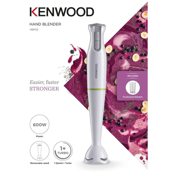 Kenwood Hand Blender 600W Stick Blender with Graduated Beaker Turbo Function Removable Wand for Easy Cleaning HBP02.001WH