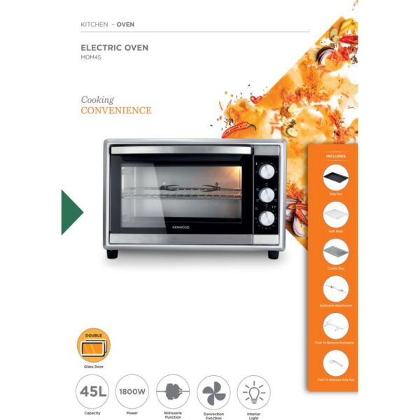 Kenwood 45L Toaster Oven - Oven Toaster Grill Large Capacity Double Glass Door Multifunctional with Rotisserie and Convection Function for Grilling Toasting Broiling Baking Defrosting MOM45.000SS