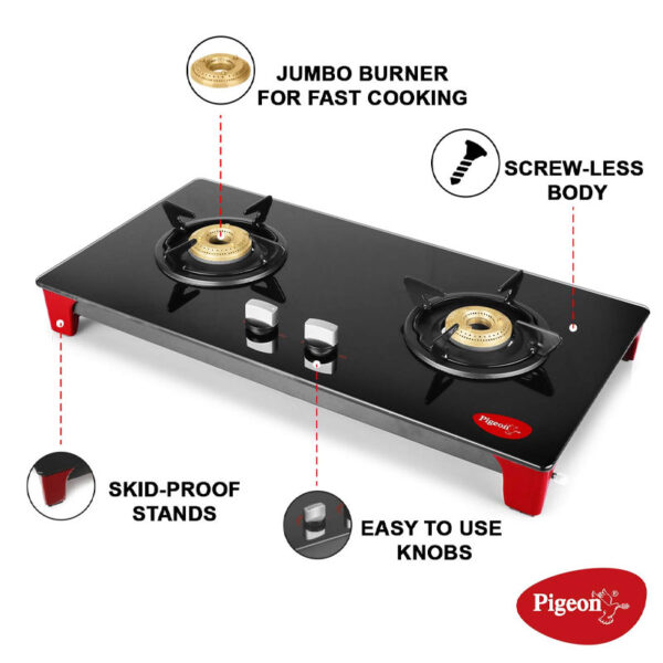 Pigeon Gas Cooker 2 Burner Glass Top SS Body Black Infinity