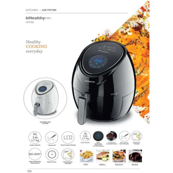 Kenwood Digital Air Fryer 1.7KG 3.8L XL Capacity 1500W with Recipe Book Rapid Hot Air Circulation Technology for Frying Grilling Broiling Roasting Baking and Toasting HFP30.000BK