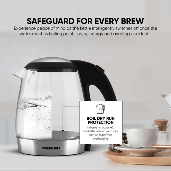 Nikai Kettle Glass Body 1.2L 2200w Compact Cordless Electric Glass Kettle Boiler Automatic Shut Off Boil Dry Protection LED Indicator Integrated Filter 360° Rotating Base NK303G