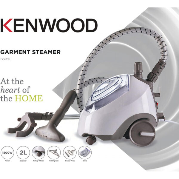 Kenwood Garment Steamer 1500W with 2L Water Tank Capacity Rotary Wheels Folding Rack Trouser Press Glove GSP65.000WH