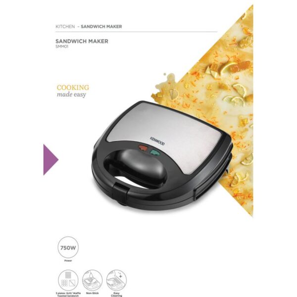 Kenwood Sandwich Maker 3 In 1 Sandwich Grill/Griddle Waffle Dual Plate Press For Toasties Easy To Use & Clean Non-Stick Plates Compact Size Bread Toaster SMM01.A0BK