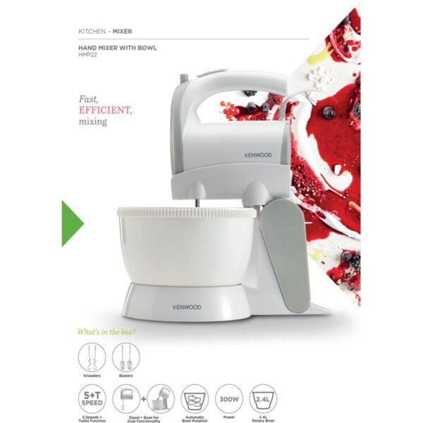 Kenwood Stand Mixer Hand (Electric Whisk) 300W With 2.4L Rotary Bowl 5 Speeds + Turbo Button Twin Stainless Steel Kneader And Beater For Mixing Whipping Whisking Kneading HMP22.000WH