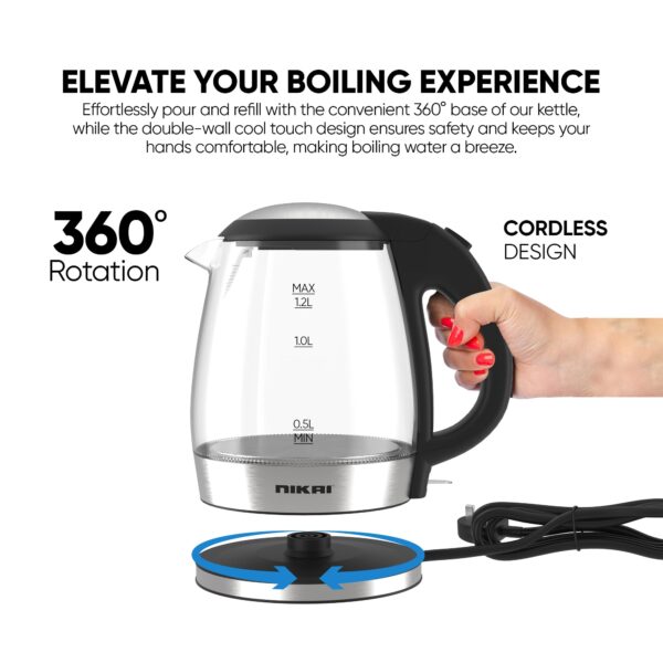 Nikai Kettle Glass Body 1.2L 2200w Compact Cordless Electric Glass Kettle Boiler Automatic Shut Off Boil Dry Protection LED Indicator Integrated Filter 360° Rotating Base NK303G