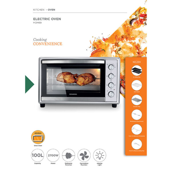 Kenwood 100L Toaster Oven - Oven Toaster Grill Large Capacity Double Glass Door Multifunctional with Rotisserie and Convection Function for Grilling Toasting Broiling Baking Defrosting MOM90.000SS