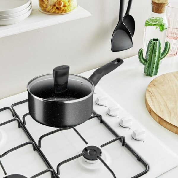 Tefal Dark Stone Cookware Set 9PCS Non Stick Thermo Signal 100% Safe Coating Cookware Heat Indicator Ergonomic Handles Glass Lid B491S985