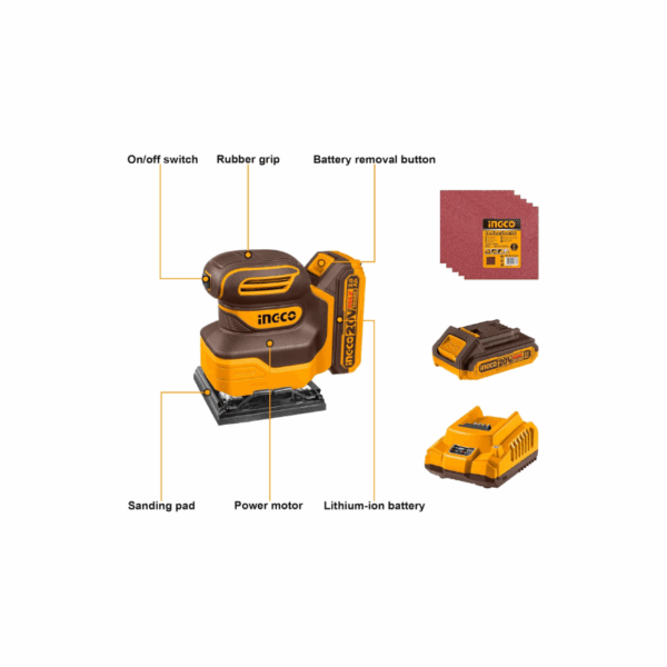 Ingco Cordless Sheet Sander 20V with Battery & Charger, 5pcs Sand Paper CSHSLI20141