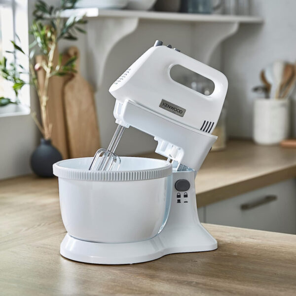 Kenwood Stand Mixer Hand Mixer (Electric Whisk) 450W with 3.4L Rotary Bowl 5 Speeds + Turbo Button Twin Stainless Steel Kneader and Beater for Mixing Whipping Whisking Kneading HMP32.A0WH