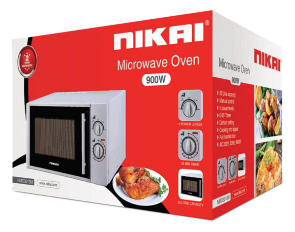 Nikai Microwave 30L 900W Solo Manual 5 Power Levels Child Lock DeFrost Setting Kitchen Timer Pull Handle Cooking End Signal NMO3010M
