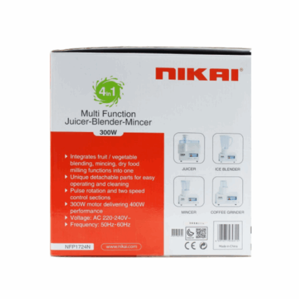 Nikai Juicer and Blender 4in1 300W 1.6L Juicer Blender Meat Chopper Grinder & Pulse Powerful Motor With Thermostat NFP1724N