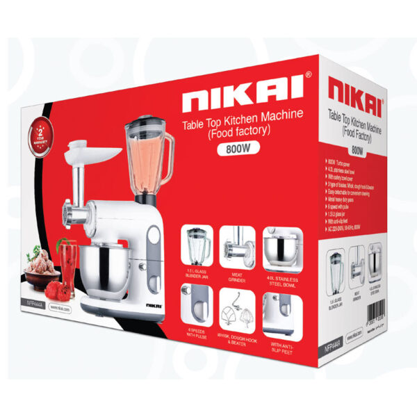 Nikai Kitchen Machine 800W 4L Bowl Metal Heavy Duty Meat Grinder Splash-Proof Lid Die Cast Aluminium Hooks Dual Speeds and Stainless-Steel Whisk NFP444A
