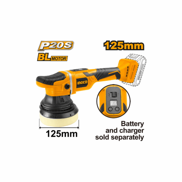 Ingco Cordless Angle Polisher Lithium-ion 20V with Brushless Motor, Digital Display, Speed Control APLI2002