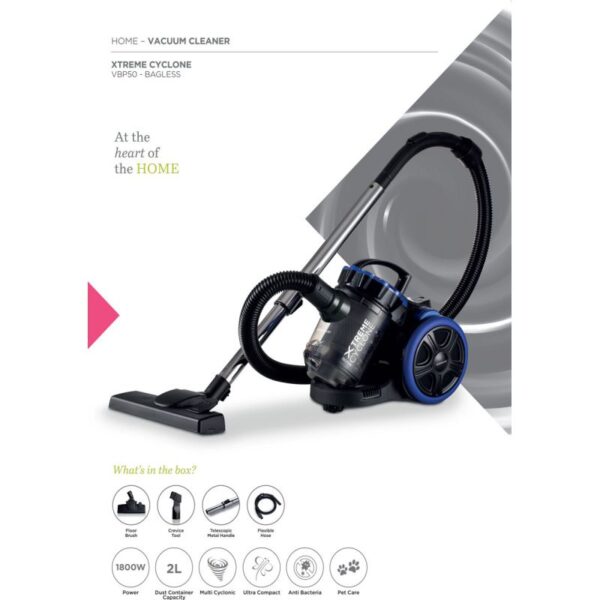 Kenwood Vacuum Cleaner 1800W Multi Cyclonic Bagless Canister 2L With 4.5M Cable Ultra Compact Surface Anti Bacteria Pet Care For Home & Office VBP50.000BB