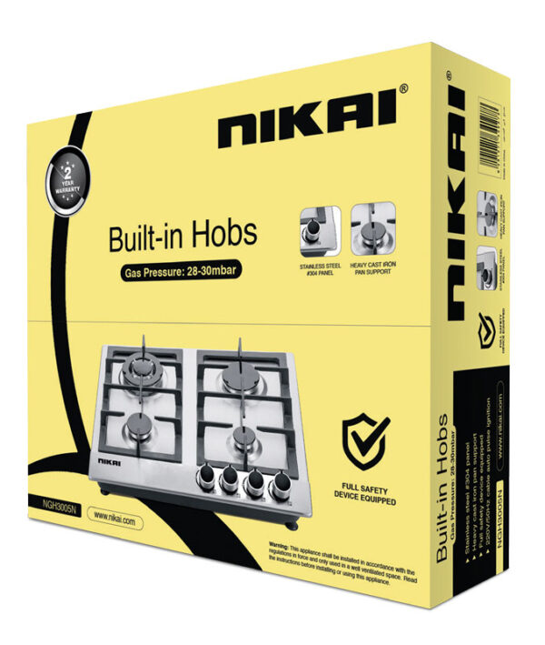 Nikai Gas Built In Hob Stainless Steel 4 Burner with FFD and Auto Ignition 50x45x25cm NGH3005N