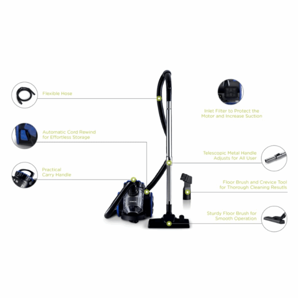 Kenwood Vacuum Cleaner 1800W Multi Cyclonic Bagless Canister 2L With 4.5M Cable Ultra Compact Surface Anti Bacteria Pet Care For Home & Office VBP50.000BB