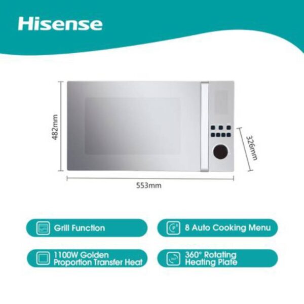 Hisense Microwave 45L Solo Digital, Grill Function, Handle, 5 Power Level, 8 Auto Menus, Cooking Timer, 360° Rotating Plate, Safely Lock, Black Mirror H45MOMK9