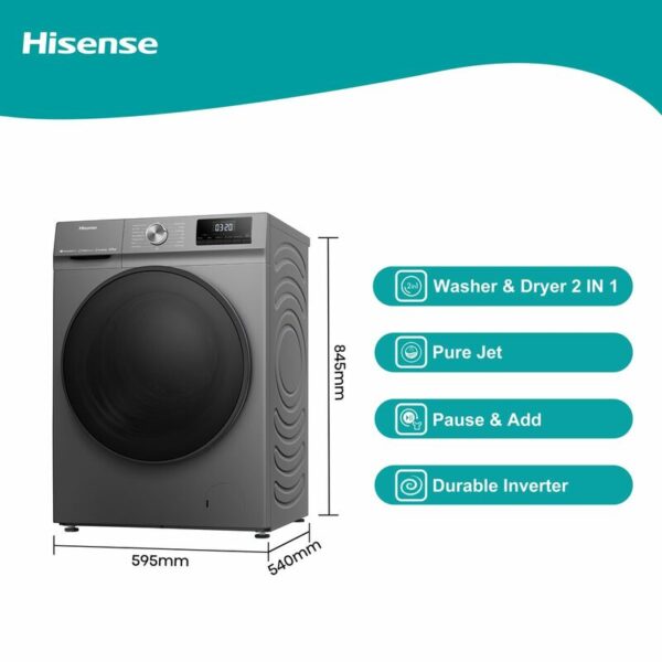 Hisense Washing Machine 8kg & Dryer 5kg Smart WI-FI Connectlife App Inverter Jet Titanium Grey WD3Q8043BT