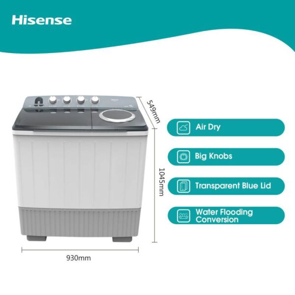 Hisense Washing Machine 16kg Manual, Twin Tub, Big Knobs, Transparent Lid, Drain Pump, White WSDE163