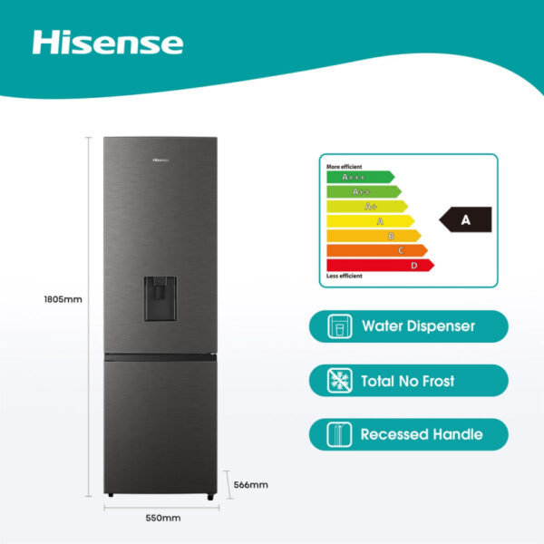 Hisense Refrigerator 262L Bottom Freezer, Water Dispenser, No Frost, Recessed Handle, Titanium Silver H350BTS-WD
