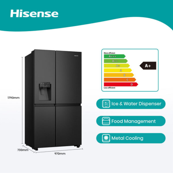 Hisense Refrigerator 601L Side By Side Door, Water & Ice Dispenser, Black Stainless Steel H780SB-IDL