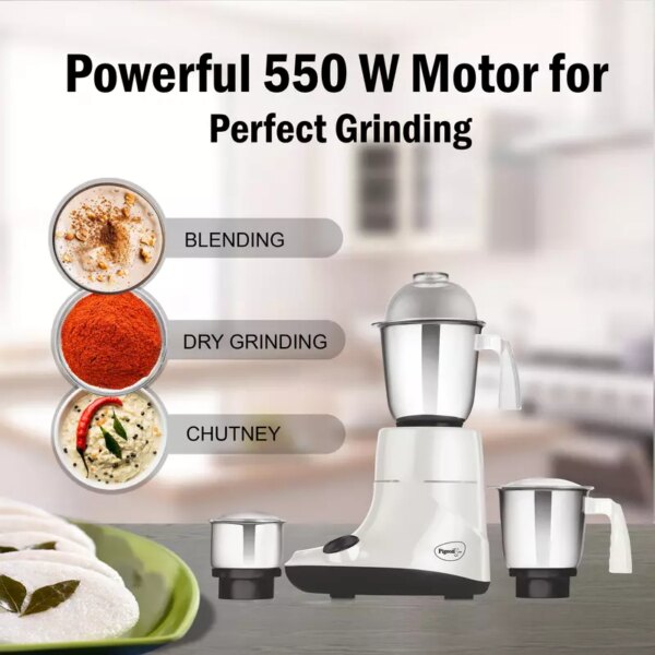 Pigeon Mixer Grinder 550w Powerful Motor with 3 Stainless Steel Jars for Dry Grinding Wet Grinding and Making Chutney Ivory