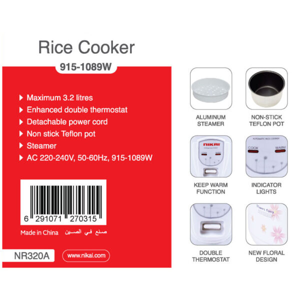 Nikai Rice Cooker 3.2L 1089W Aluminum Steamer Enhanced Double Thermostat Detachable Power Cord Non Stick Teflon Pot NR320A