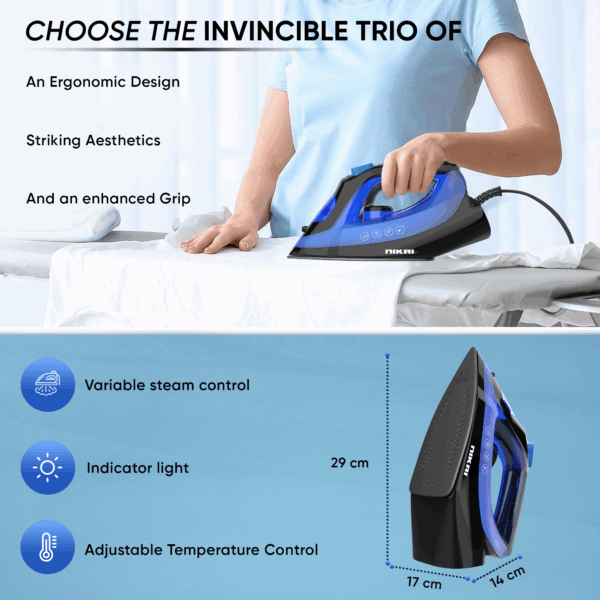 Nikai Steam Iron 1600W 280ml Self-Cleaning Function Non-Stick Soleplate Vertical Steam Dry & Spray Options Adjustable Temp Indicator Light Variable Steam Control NSI858AX