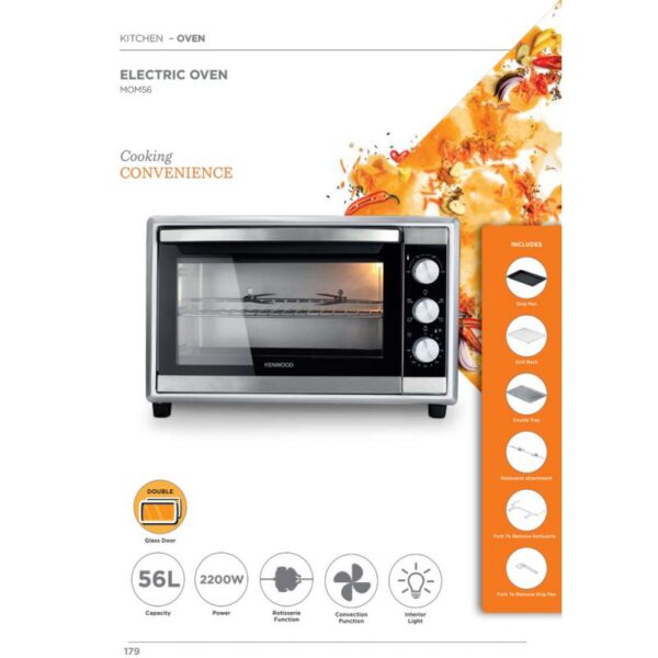 Kenwood 56L Toaster Oven Toaster Grill Large Capacity Double Glass Door Multifunctional With Rotisserie And Convection Function For Grilling Silver Stainless Steel MOM56.000SS
