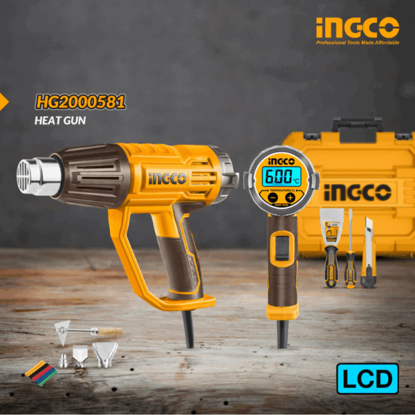 Ingco Electric Heat Gun 2000W with LCD Screen, 3pcs Nozzle & 1 Scraper HG2000581