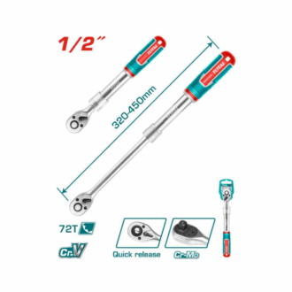Total Extendable Ratchet Wrench 1/2" 72T Heat Treatment, Chromed Plated THT106128L