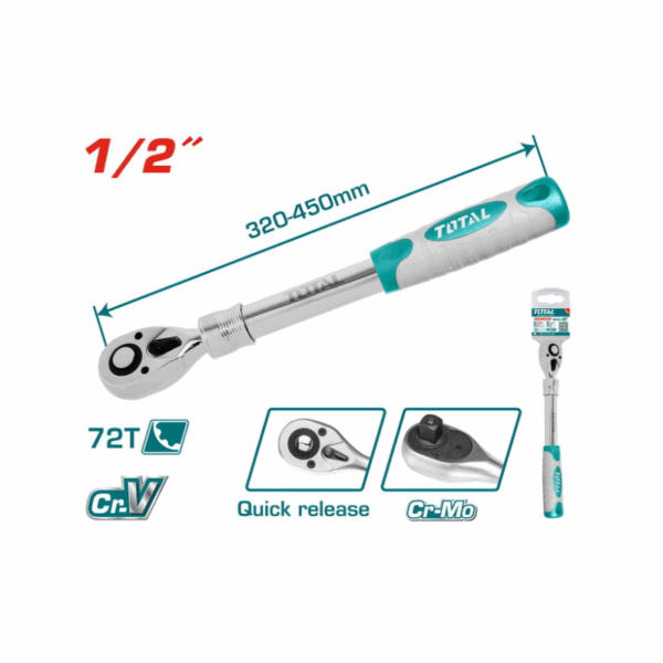 Total Extendable Ratchet Wrench 1/2" 72T Heat Treatment, Chromed Plated THT106128L