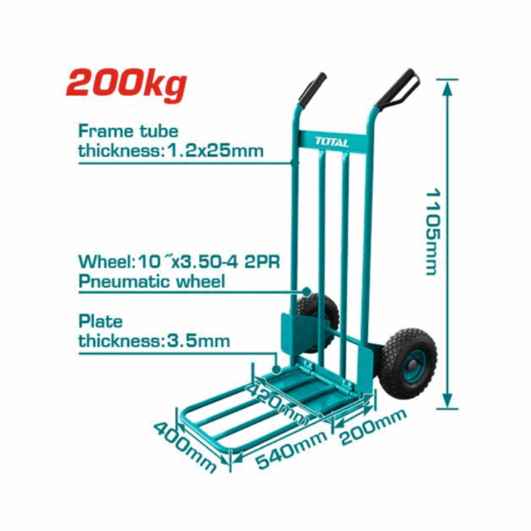 Total Hand Trolley 200Kg with High Grip Plastic Handles, 10"x3.50-4 2PR Pneumatic Wheels THTHT20771