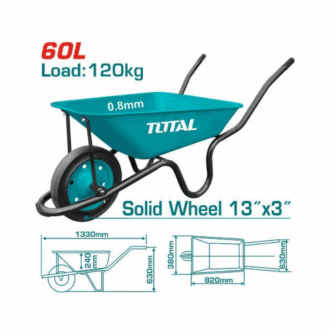 Total Wheel Barrow 120Kg 60L with 13x3" Solid Wheel, 4CBF Sand Capacity THTWB380008
