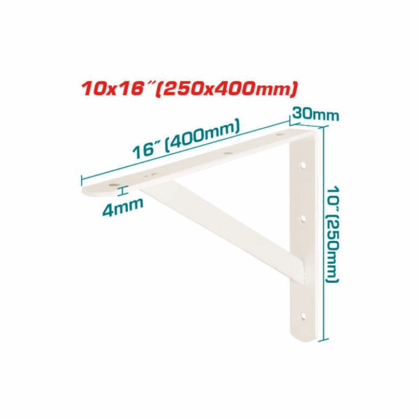 Total Heavy Duty Shelf Bracket 10x16" with 6 Attachment Points, White THDSB1016