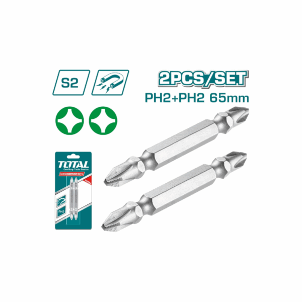 Total Magnetic Tip Screwdriver Bit PH2+PH2 65mm, S2 Industrial Steel 2pcs Set TAC16PH234