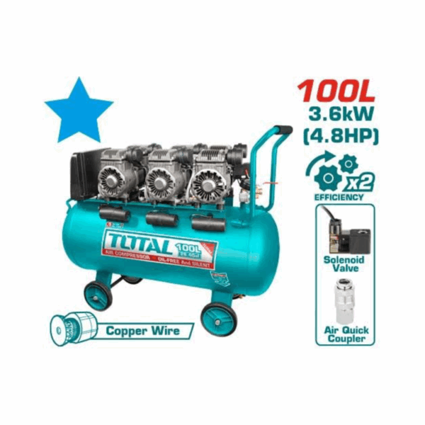 Total Air Compressor 100L Oil Free System, 2 Motors 4.8HP TCS3361008