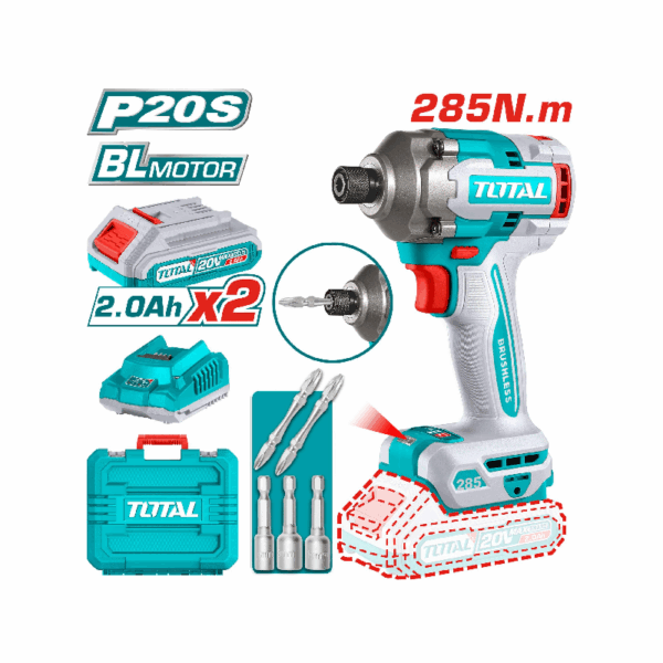 Total Cordless Impact Driver 285Nm Lithium-ion 20V with Screwdriver Bits, Nut Setters, Battery & Charger TIRLI2028