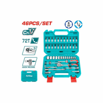 Total Socket Set 1/4" with Three Colour Soft Handle, Chromed Plated, Heat Treated THT141462 (Pack of 46pcs)