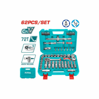 Total Socket Set 1/2" with Three Colour Soft Handle, Chromed Plated, Heat Treated THT121602 (Pack of 62pcs)