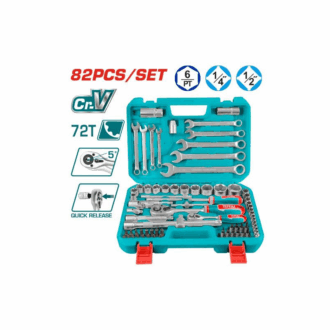 Total Socket Set 1/4" & 1/2" with Three Colour Soft Handle, Chromed Plated, Heat Treated THT421802 (Pack of 82pcs)