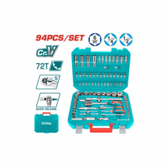 Total Socket Set 1/4" & 1/2" with Three Colour Soft Handle, Chromed Plated, Heat Treated THT421942 (Pack of 94pcs)